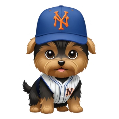 Yorkie with a NYY hat fighting an ugly slosh with a New York Mets hat sticker