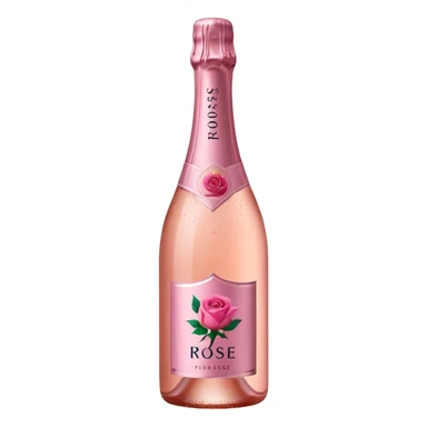bottle of sparkling rosé with a rose logo on the label, angled to the left, no glass sticker