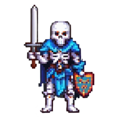 pixel art skeleton warrior wielding a sword, 8-bit style sticker