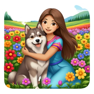 A beautiful girl with long straight hair happily hugs an Alaskan dog in the flowers sticker
