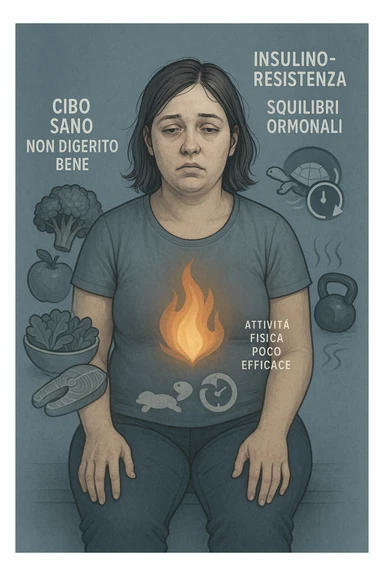 Donna tra i 25 e i 35 anni con fisico leggermente gonfio e postura affaticata, seduta con sguardo stanco. In trasparenza sul suo corpo, si vedono elementi simbolici: una fiamma metabolica molto piccola nel centro dell’addome, una tartaruga accanto a un simbolo di orologio rallentato, indicatori visivi di insulino-resistenza e squilibri ormonali. Intorno a lei: cibo sano non digerito bene, attività fisica poco efficace. Colori spenti attorno al corpo, con toni freddi e lentezza visiva. Stile realistico con elementi infografici e simbolici integrati IN ITALIANO sticker