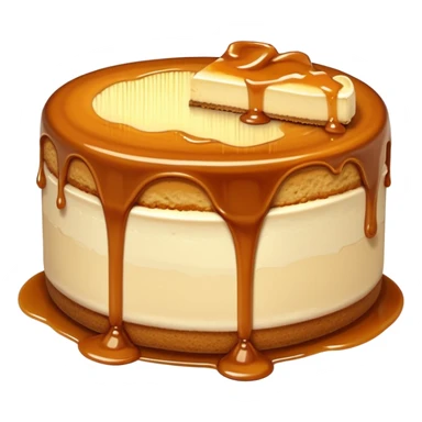 a slice of cheesecake. The base is made of light brown biscuit; the first layer of filling is caramelized dulce de leche, and the upper layer is creamy, light beige, and has a smooth texture. On top, there is a caramelized dulce de leche topping dripping down the center of the slice sticker