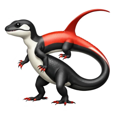 Black and white Orca-reptile-reptilian-lizard-skink-gecko-Digimon-Fakémon-hybrid full body, two legs, two arms, claws, tail, with red stripe sticker
