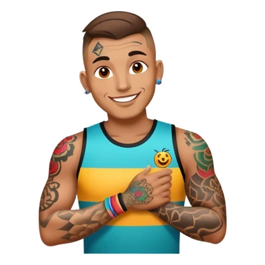 man with bold face tattoos, happy face, wearing a colorful jersey sticker