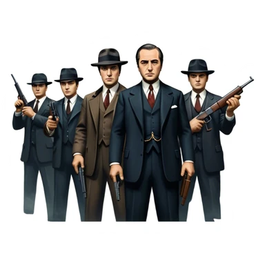 Vintage noir poster with Don Corleone surrounded by gangsters holding Thompson submachine guns. Background features New York skyscrapers, adding to the gritty, classic gangster film feel.  Dark and moody atmosphere with shadows, suits, and a mysterious vibe. Transparent background. sticker