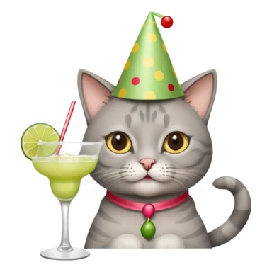 A grey cat is wearing a party hat, and drinking a margarita. sticker