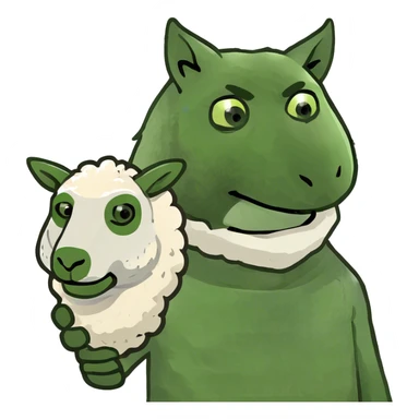 the whole body of a wolf with a human body in its hand, with sheep's masks in its hands sticker