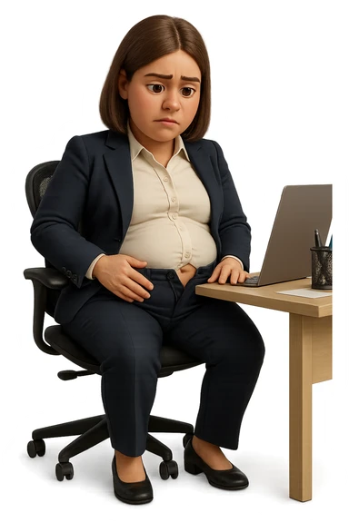 emoji stile iphone di una donna seduta alla scrivania dell'ufficio in completo elegante con i pantaloni sbottonati perché ha la pancia gonfia, falla a corpo intero, iperrealistico 4k sticker