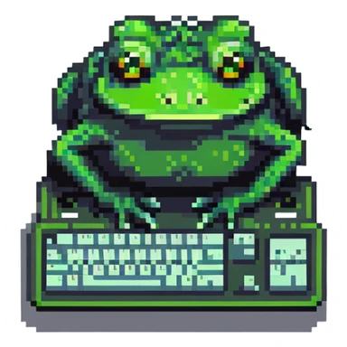 Pepe the frog meme character coding on computer, green frog with sad eyes typing on keyboard sticker