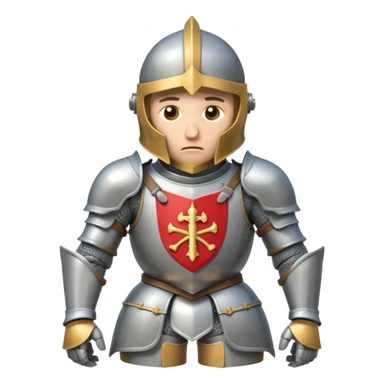 A cartoon knight in full armor with a closed helmet, expressing sadness. The knight's head is lowered, arms hanging down, and legs close together. sticker