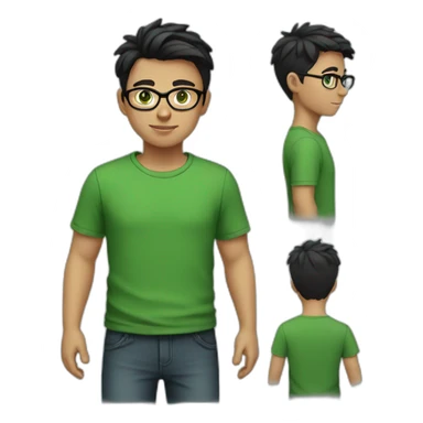 Boy with green eyes, glasses, with black short hair, with green T-shirt sticker