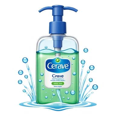 `CeraVe-shaped white rectangular pump bottle with soft green label and blue “CeraVe” stripe. Surrounded by floating water bubbles, glowing light particles, and a gentle green mist. Feels like a calm hydration spell in a bottle. Clean, glossy, emoji-style.`
 sticker