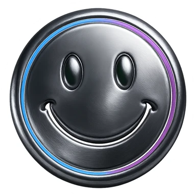 smiley face emoji in chrome style with neon blue and pink Tron highlights sticker