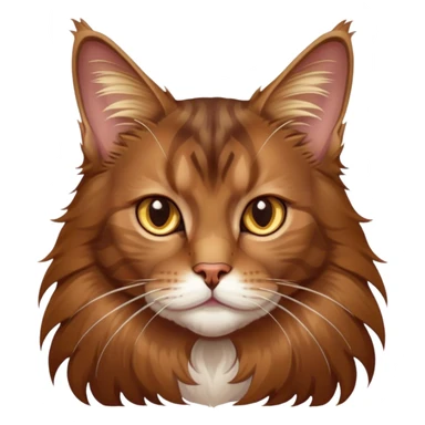Cinematic Brown Maine Coon Cat Portrait Emoji, Elegant and alert, sleek brown and gold tones with hints of deep auburn, Simplified yet sharp features, highly detailed, glowing with a warm, confident glow, high shine, intelligent and poised with an air of wisdom, stylized with an air of grace, focused and attentive with a calm, old soul expression, soft glowing outline, capturing the essence of experience and majesty, so lifelike it feels as though it could spring into motion at any moment, radiating wisdom and grace. sticker