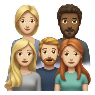 A Blonde woman, a redhead woman and a brown haired man with a short beard sticker