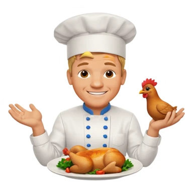 Gordon Ramsay cheerful, showing off a perfectly cooked chicken on a plate, chef uniform sticker