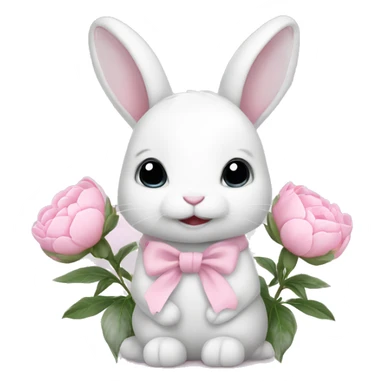 cute white bunny holding light pink peonies sticker
