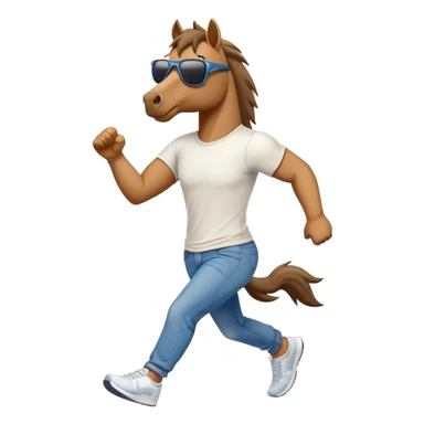 friendly anthropomorphised stallion in jeans and a t-shirt, wearing dark sunglasses, jogging upright in standard pose sticker