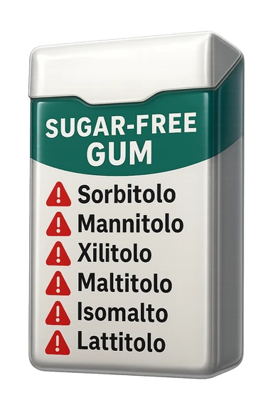 SU QUESTO STILE FAI UN EMOJI STILE IPHONE 3D DI UN pacchetto di gomme senza zucchero con ETICHETTA CON GLI INGREDIENTI SCRITTI, "sorbitolo, mannitolo, xilitolo, maltitolo, isomalto, lattitolo" accanto ad ogni nome scritto mettici un segnale di allarme, FALLO MOLTO REALISTICO IN 3D sticker