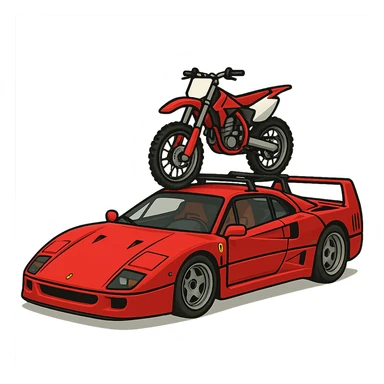 A stylized Ferrari F40 with a 125cc dirt bike on a visible roof rack, dirt bike to proper scale, transparent background sticker