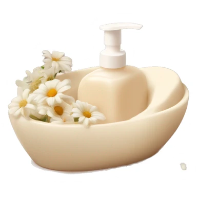 hand soap, delicate milky color, with vanilla aroma, in a beige soap dish with flowers. sticker
