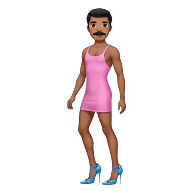 Man in a pink mini dress and blue strappy high heels with black hair and black mustache and brown skin sticker