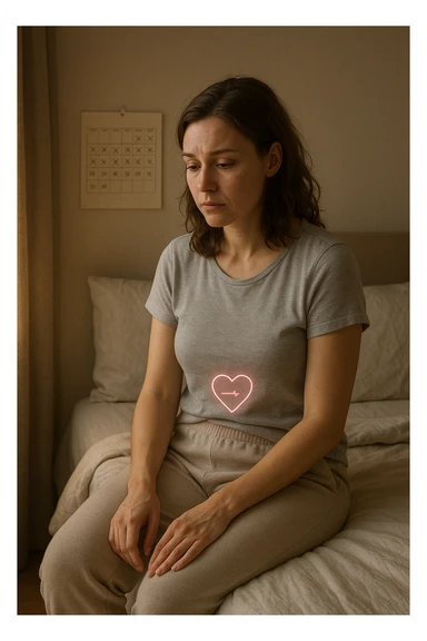 3D realistic medical illustration: a young woman in her 20s or 30s sits on the edge of a bed in a softly lit bedroom, looking thoughtful and slightly concerned. She wears comfortable loungewear, her posture is slouched, and her expression is subdued. Subtle visual cues—such as a faded calendar with missed menstrual cycles and a dimmed heart or energy icon near her abdomen—symbolize low libido and amenorrhea. The scene is realistic, intimate, and empathetic. sticker