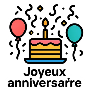 Joyeux anniversaire festive icon with celebratory elements like confetti, balloons, cake, clean modern icon style, suitable for digital use sticker