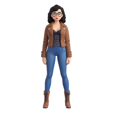 3D animated drawing of a slim, light-skinned woman with wavy black hair and square-shaped glasses, wearing a black corset dress with a brown leather jacket, blue jeans, and brown ankle boots, standing in a neutral pose sticker
