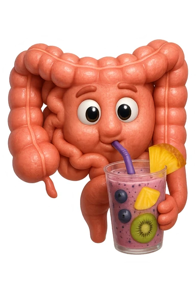 EMOJI STILE IPHONE DI un intestino umano anatomico che beve un frullato di mirtilli, ananas, kiwi, fagli anche la parte bianca degli occhi, non solo le pupille, REALISTICo 4K sticker