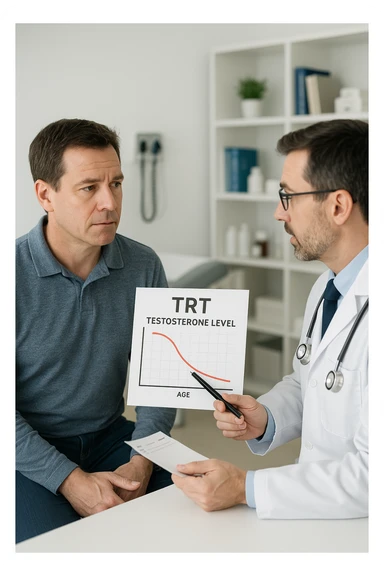 a man in his 40s sits in a doctor’s office, listening attentively as a physician explains TRT (Testosterone Replacement Therapy). The doctor holds a prescription pad and points to an educational chart showing testosterone levels. The mood is professional and informative, with a clean, clinical background. sticker