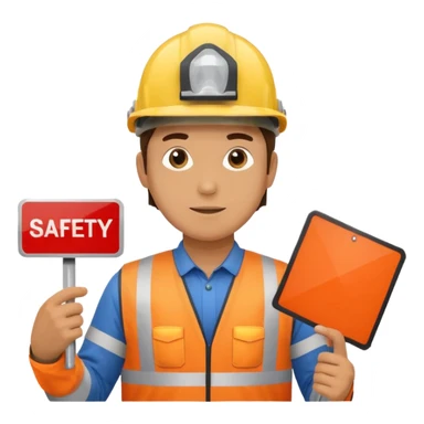 a guy wearing safety outfit with helmet holding a panel written on it SAFETY FIRST sticker