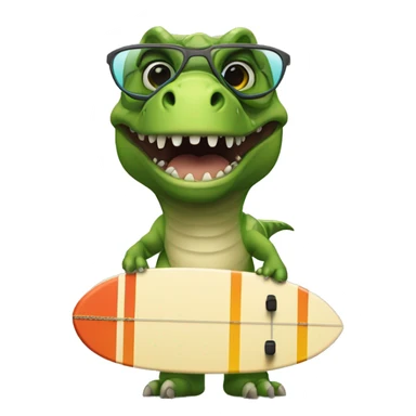 Un dinosaurio montado en una tabla de surf con unas gafas sticker