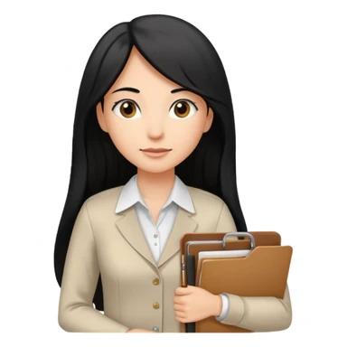 a light tan woman with long black hair past mid-back, round brown eyes, with folders in her hands. she has a id lanyard on and white professional blouse. sticker