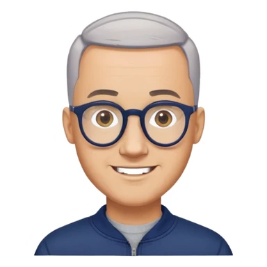 Man with light skin, oval face, buzz cut extremely short on top with faded sides, short peppered gray beard, large black-framed glasses, smiling face, broader body build, navy blue zip-front sweatshirt with long sleeves sticker