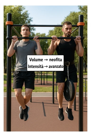 Due atleti fianco a fianco in un parco attrezzato: a sinistra il neofita che fa 10 trazioni leggere con concentrazione, a destra l’atleta avanzato con cintura zavorrata che fa 3 ripetizioni lente e pesanti. Tra loro, grafico sospeso in aria che mostra: 'Volume → neofita | Intensità → avanzato'. Stile realistico con elementi educativi visivi in italiano sticker