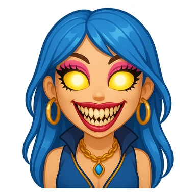 Add glowing eyes to the character, keep the creepy gyaru style with blue hair and pretty makeup, bratz baddie vibe, in emoji style with no background. sticker