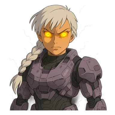 female, wearing reach spartan armor shoulder-unequip, long white braid hair with massive messy front side single bangs, gold yellow eyes, attention pose, D-cup size, HALO:series, no helmet, the armor is lavender color scheme, eyes glowing, demon eye, gleam, rage aura, body steaming dark gray, blue electricity, mouth clowed scowling sticker