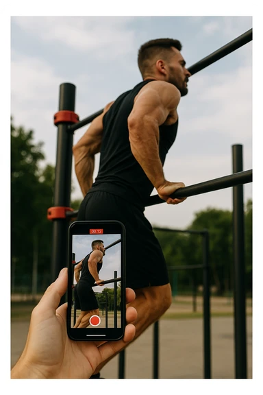 uomo che fa Muscle up e si sta filmando di lato con il telefonino che lo riprende mentre si allena, così da analizzarsi dopo sticker