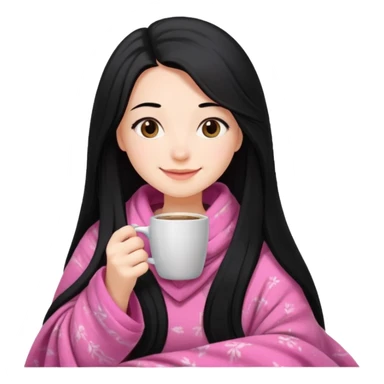 pretty girl with very long black hair, cozy in a pink blanket, drinking coffee sticker