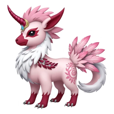 Floral feathery pastel pink and ruby-jewelry-adorned Absol-Amaura-fusion-Fakemon-animal-creature  sticker