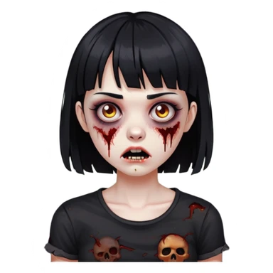 zoombie girl with black hair and short bangs wearing a destroyed black top  sticker