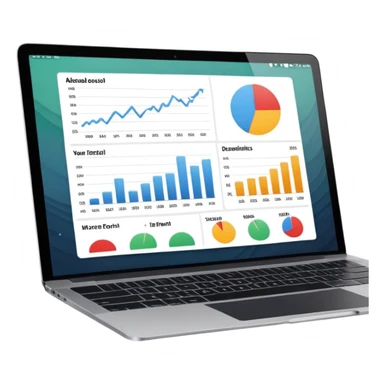 Create a macbook displaying financial charts and black analytics dashboards on the screen. sticker