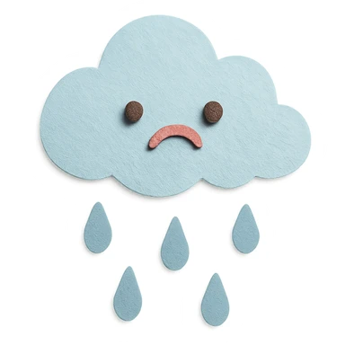 soft pastel cute rain cloud with soft blue raindrops and sad face, no arms, no legs, full body, soft pastel kawaii paper craft style sticker