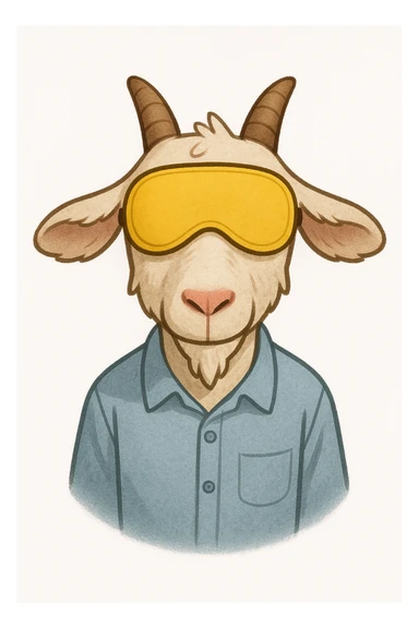 a goat with yellow sleep mask and wearing shirt, front view,  Frontal Top-Down Soft Light, white background, portrait, casual cartoon stylized sticker