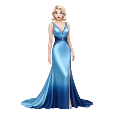 caucasian woman, in long slim pastel blue formal party satin dress with gradient shiny sparkling navy blue diamonds embroidered, full body full figure sticker