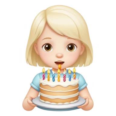 casual young baby girl in white eating birthday cake sticker