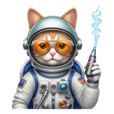 Cat wearing sunglasses in spacesuit with vape sticker