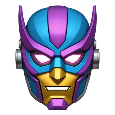 "Stylized sticker of a mechanical superhero mask, urban graffiti style, sharp edges, neon light accents, thick contour lines, high contrast, matte finish, isolated on white." sticker