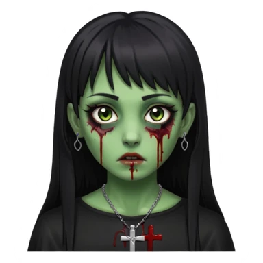 Zumbi verde com olhos castanhos aspecto de que tá sangrando, uma franja reta com cabelo preto um piercing do lado esquerdo do nariz, roupa preta e crucifixo como colar, e também delineador sticker